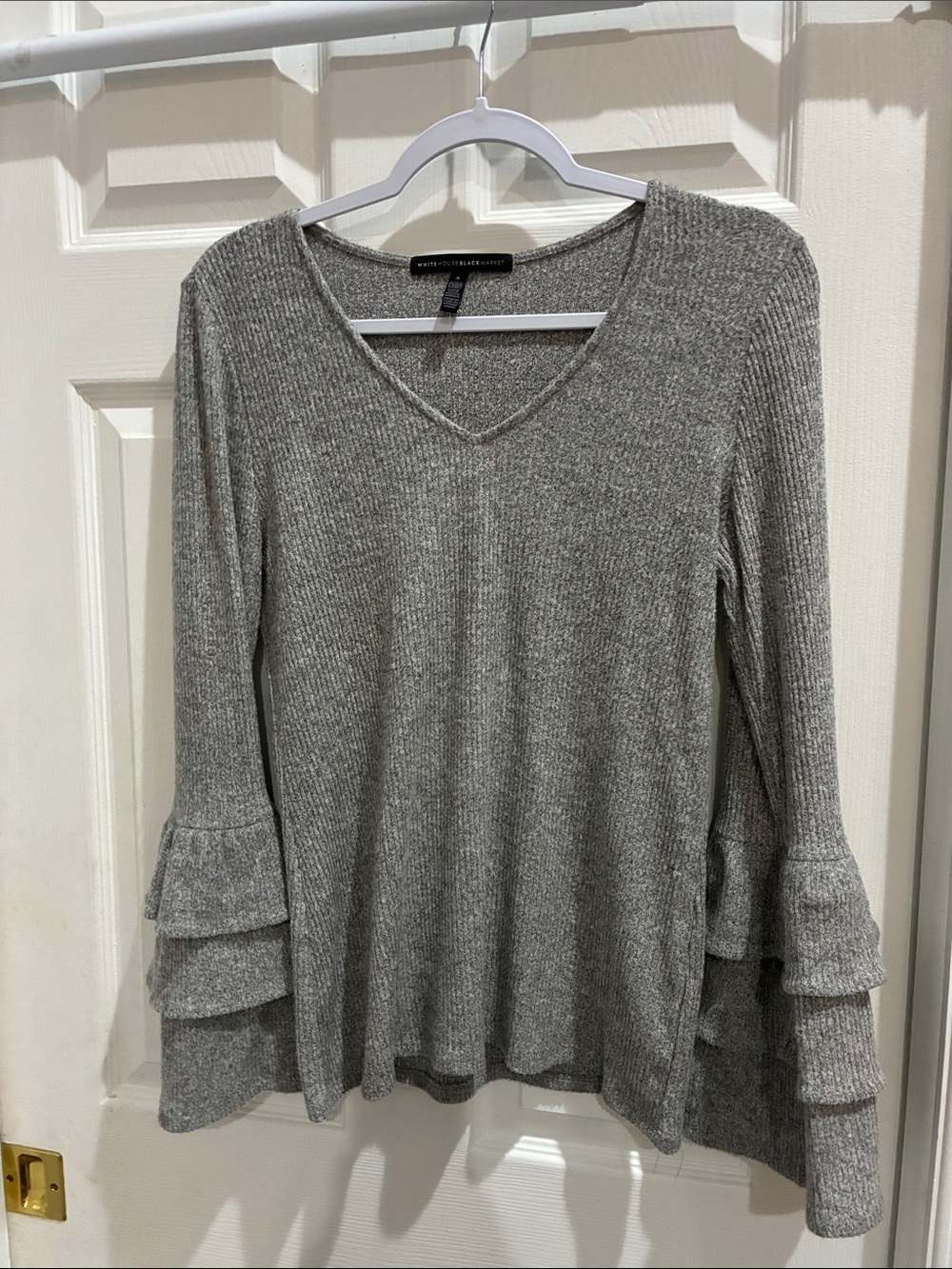 White House Black Market Light Gray Ribbed V-Neck Top with Tiered Ruffle Sleeves